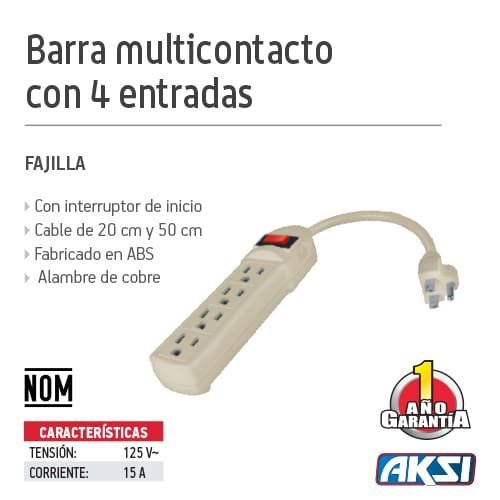 Barra multicontacto 4 entradas cable 50cm 16AWG Aksi - FERRETERÍA WITZI