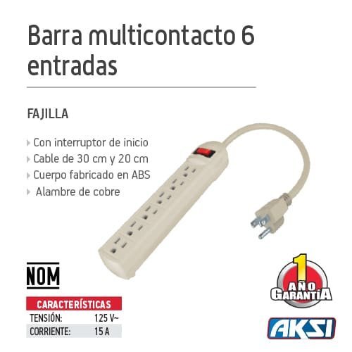 Barra multicontacto 6 entradas cable 20cm 14AWG Aksi - FERRETERÍA WITZI