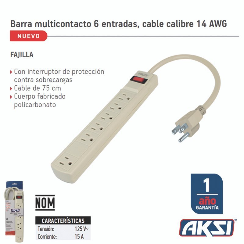 Barra multicontacto 6 entradas, cable 75 cm 14 AWG, 270 Joules Aksi - FERRETERÍA WITZI