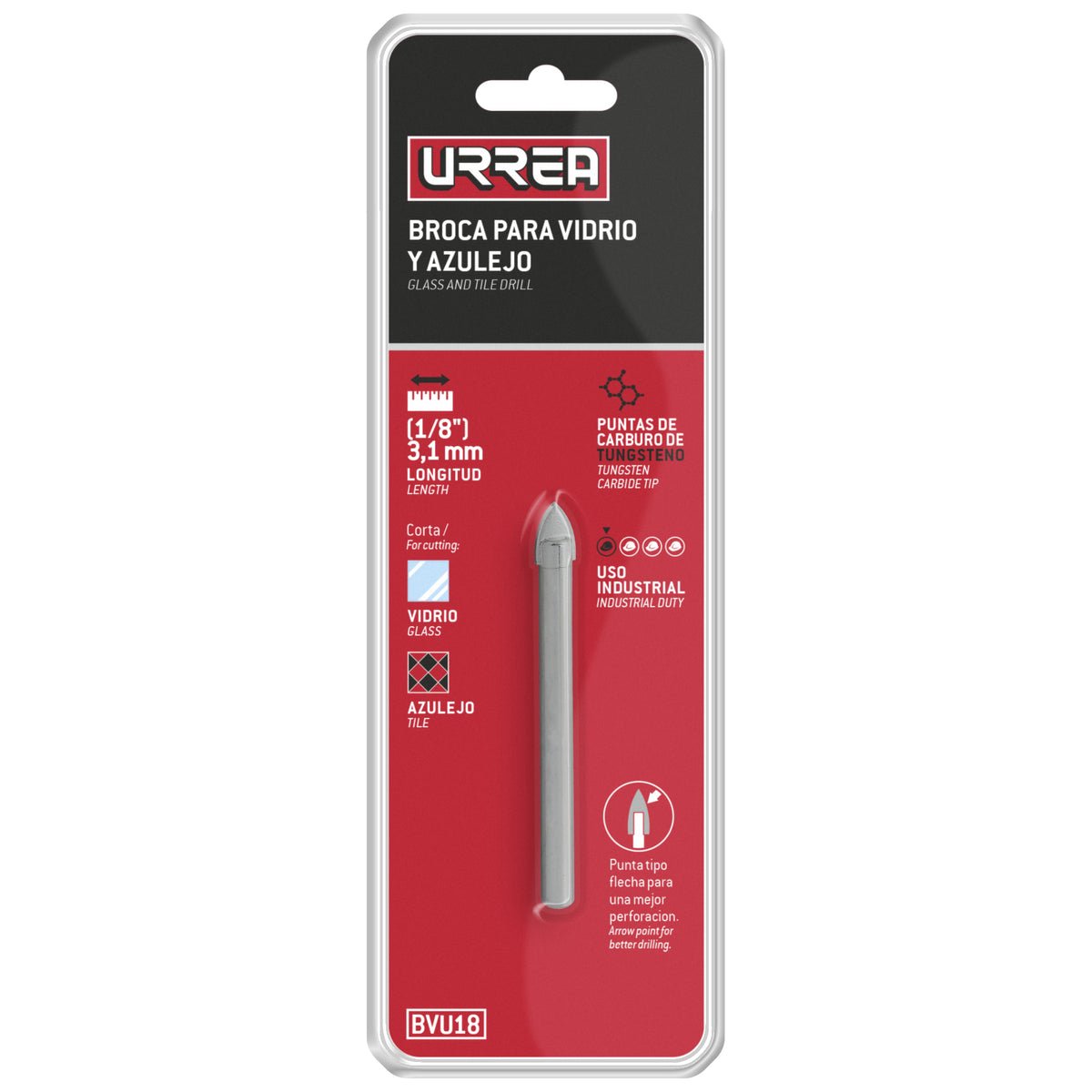 Broca para vidrios y azulejos de acero con cabeza de carburo de tungsteno 1/4" Urrea - FERRETERÍA WITZI