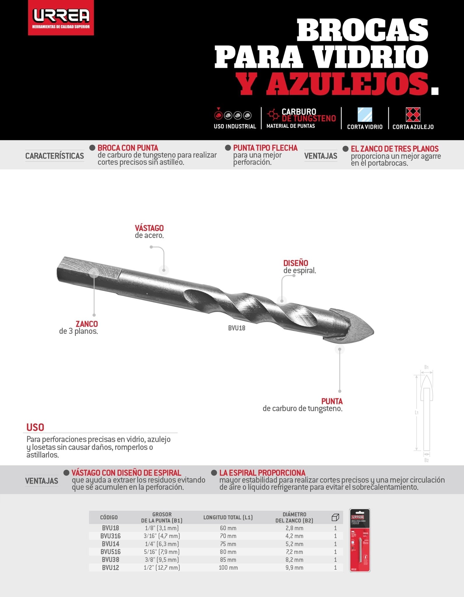 Broca para vidrios y azulejos de acero con cabeza de carburo de tungsteno 1/4" Urrea - FERRETERÍA WITZI