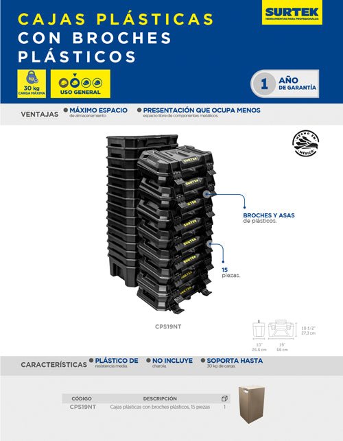 Cajas portaherramientas plásticas color negro con broches plásticos y charola 19", 15 pz Surtek - FERRETERÍA WITZI