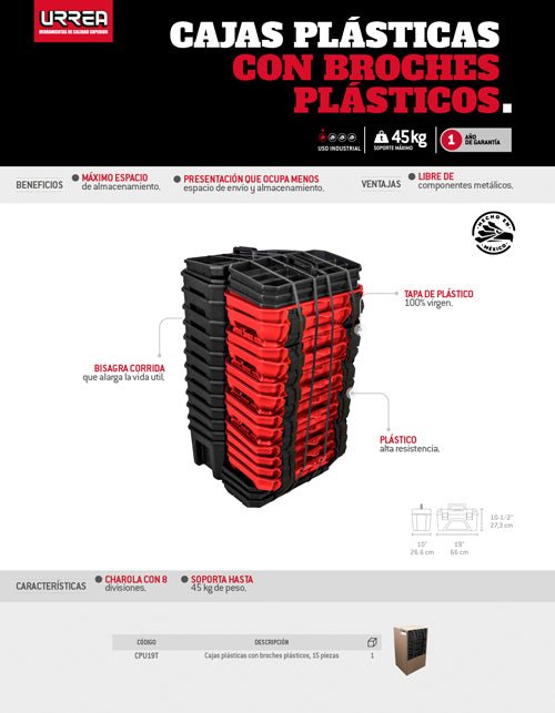 Cajas portaherramientas plásticas con broches plásticos 19", 15 piezas Urrea - FERRETERÍA WITZI