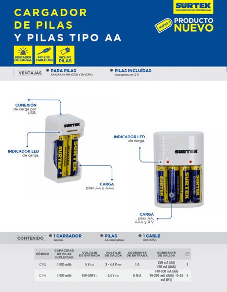 Cargador de pilas "AAA", "AA" y "9V" , con 4 pilas "AA" Surtek - FERRETERÍA WITZI