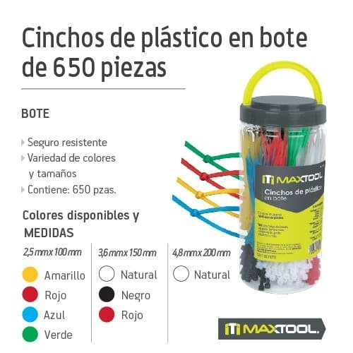 Cinchos de plastico en bote 650 pzs Maxtool - FERRETERÍA WITZI