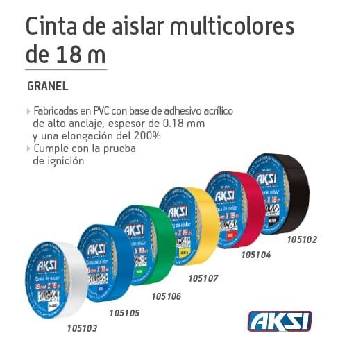 Cinta de aislar de colores 19 mm x 18m Aksi - FERRETERÍA WITZI