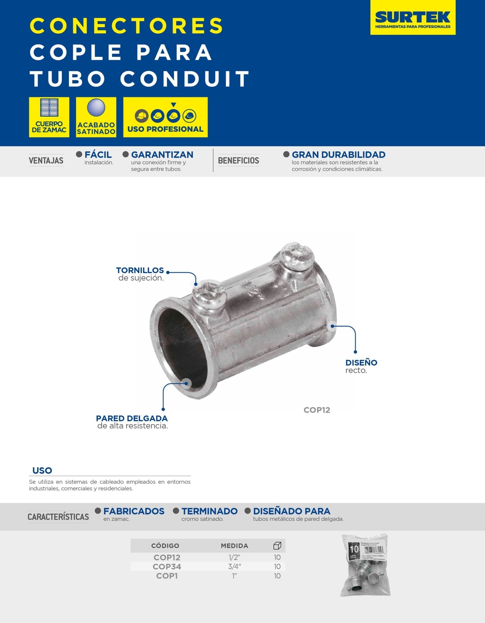 Conector cople para tubo conduit pared delgada 3/4" Surtek - FERRETERÍA WITZI