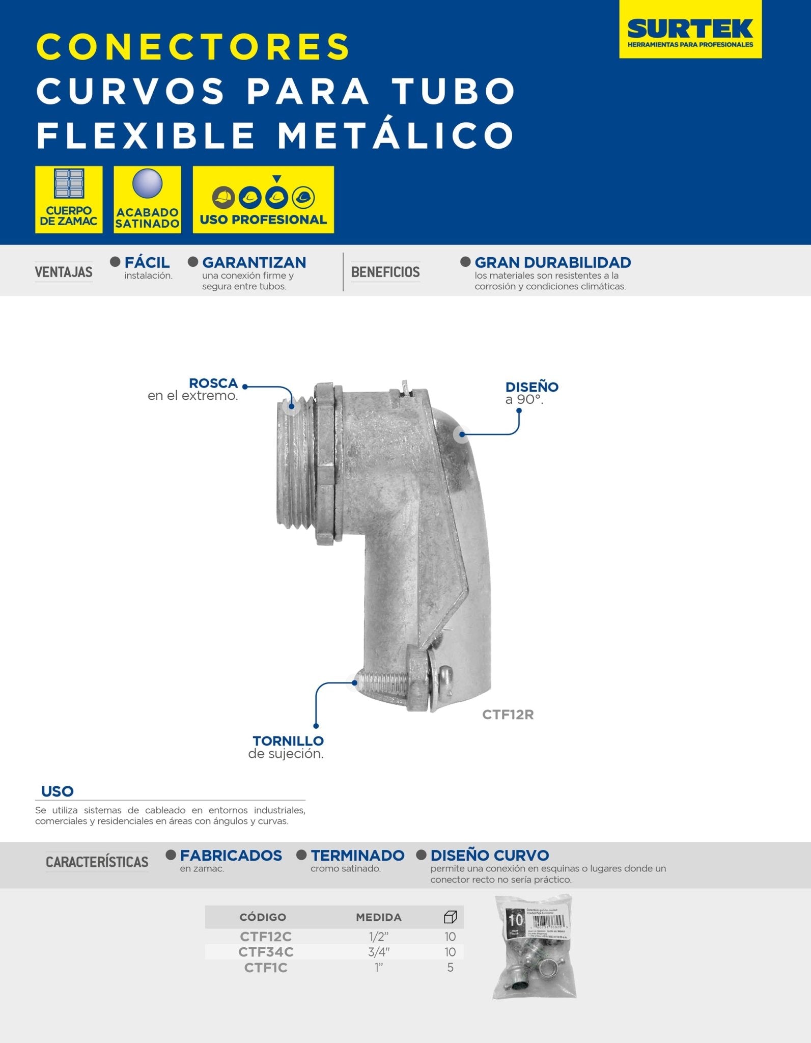 Conector curvo flexible metálico para cable 1" Surtek - FERRETERÍA WITZI