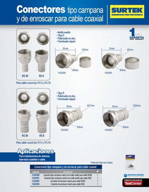 Conector para cable coaxial RG59 tipo campana, 4 piezas Surtek - FERRETERÍA WITZI