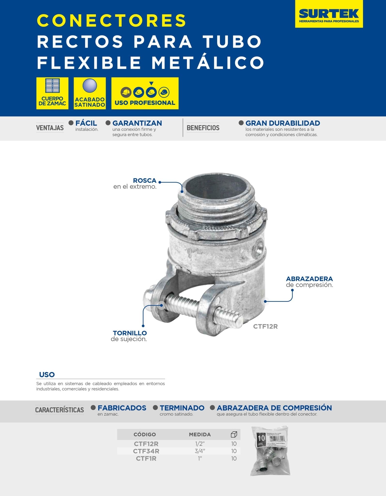 Conector recto flexible metálico para cable 1/2" Surtek - FERRETERÍA WITZI