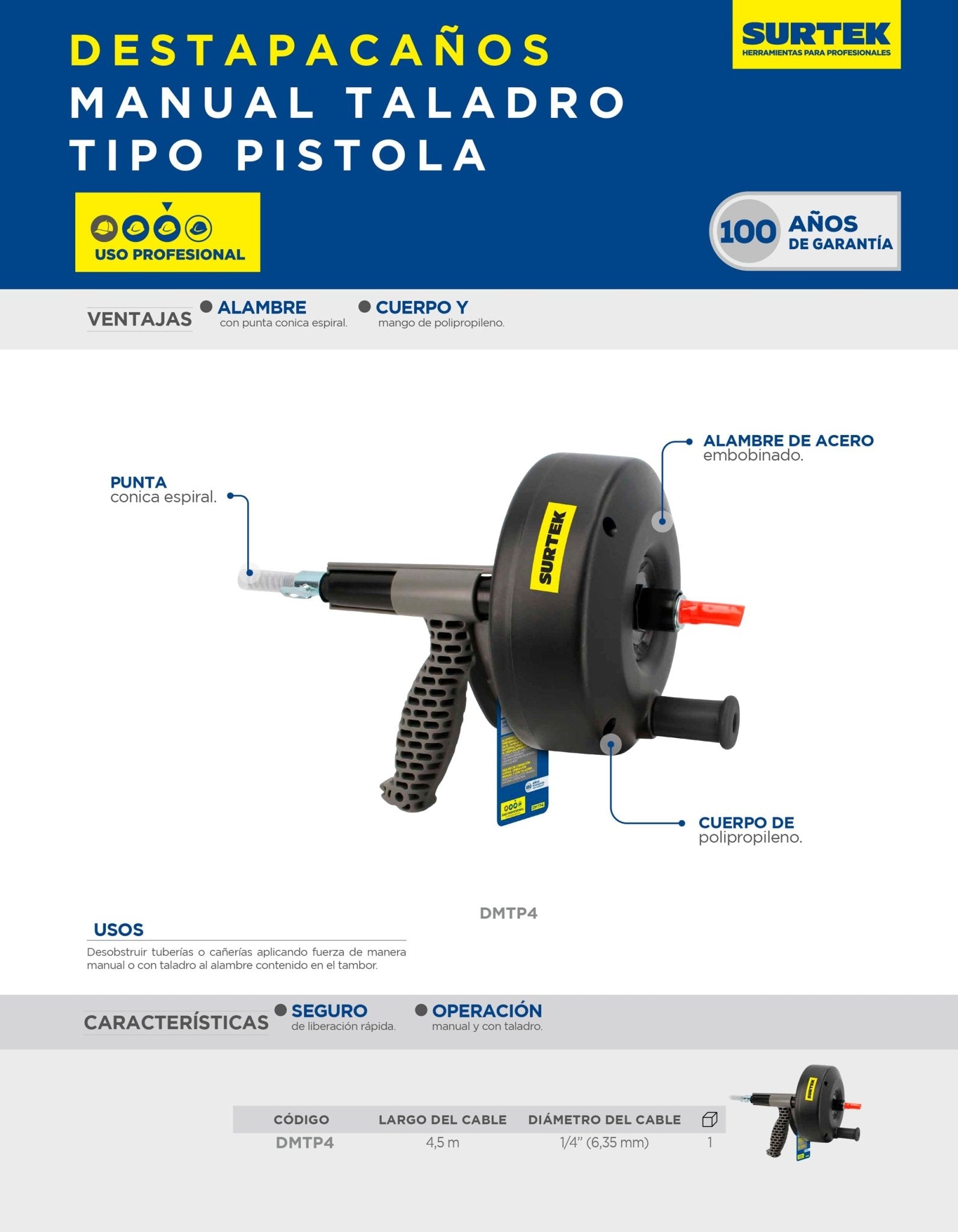 Destapacaños manual o para taladro, tipo pistola 4.5 m Surtek - FERRETERÍA WITZI