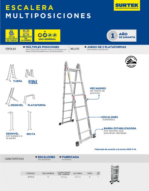 Escalera multiposiciones tipo III con 12 peldaños Surtek - FERRETERÍA WITZI