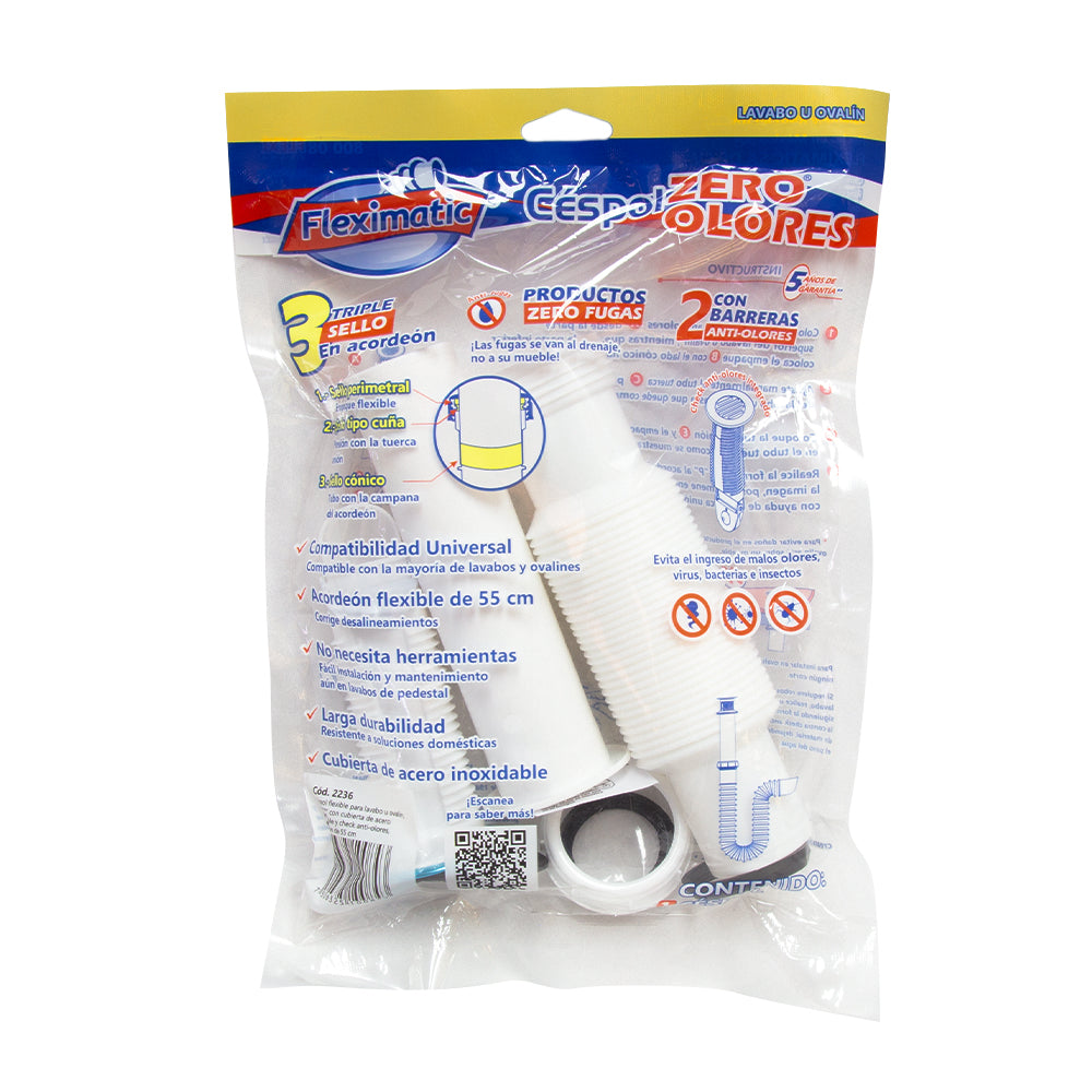 Céspol para lavabo u ovalín Antiolores, tipo "P", rejilla de acero inoxidable, extensión flexible de 55 cm FLEXIMATIC 2236 — modelo 2236 — detalle 3