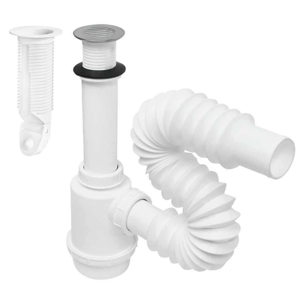 Céspol para lavabo u ovalín Antiolores, con rejilla de acero inoxidable, bote grande, extensión flexible de 55 cm FLEXIMATIC 2927 — modelo 2927