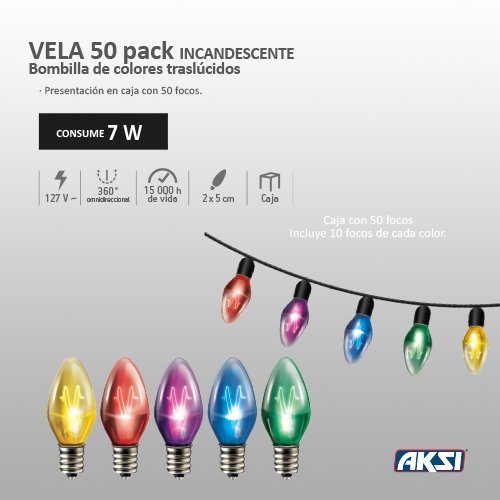 Foco Incandescente Vela Color, Traslúcido, colores surtidos, 7W, 50PACK Aksi - FERRETERÍA WITZI