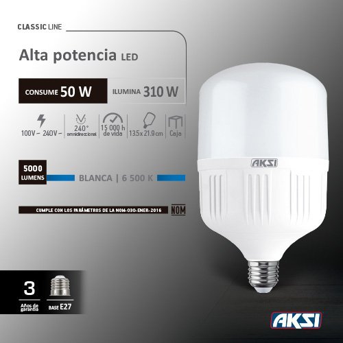 Foco led alta potencia tipo T luz blanca E27 Aksi - FERRETERÍA WITZI