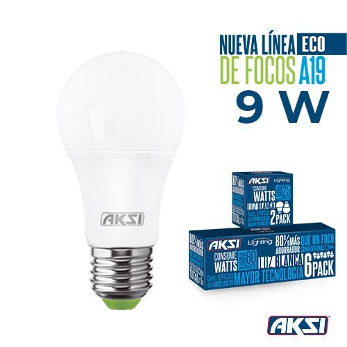 Foco LED PACK 9W ECO luz blanca, caja color Aksi - FERRETERÍA WITZI