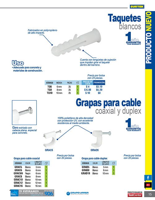 Grapa para cable dúplex 8 mm, color blanco, 20 piezas Surtek - FERRETERÍA WITZI