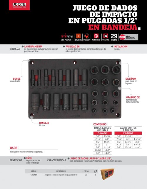Juego de 29 dados de impacto en pulgadas 1/2" Urrea - FERRETERÍA WITZI