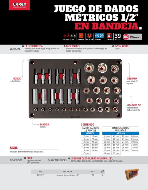 Juego de 39 dados métricos 1/2" Urrea - FERRETERÍA WITZI