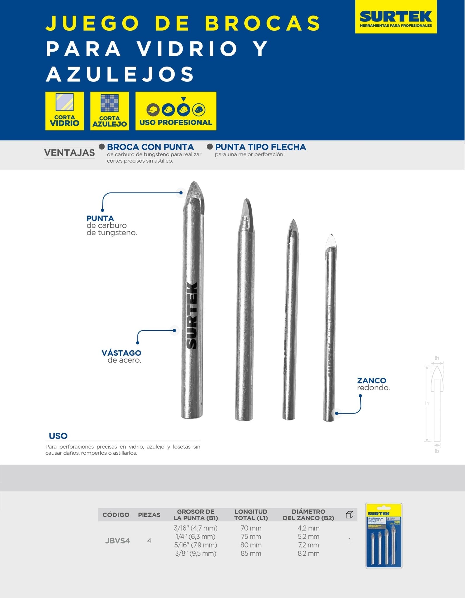 Juego de brocas para vidrios y azulejos de acero con cabeza de carburo de tungsteno, 4 pz Surtek - FERRETERÍA WITZI