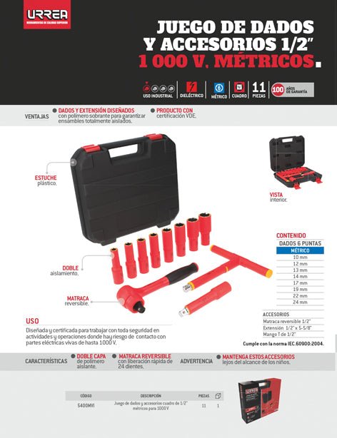 Juego de dados y accesorios cuadro de 1/2" métricos para 1000 V, 11 piezas Urrea - FERRETERÍA WITZI