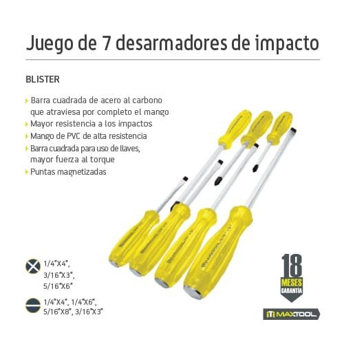 Juego de desarmadores de impacto 7 piezas Maxtool - FERRETERÍA WITZI