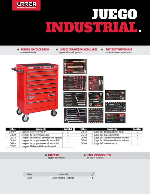 Juego industrial con organización modular de 7 gavetas 194 piezas, con gabinete X27M7 Urrea - FERRETERÍA WITZI