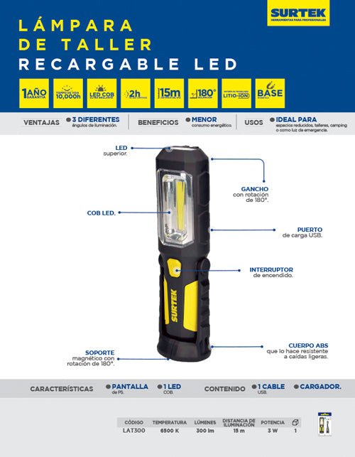 Lámpara de LED para taller recargables de 300 lm Surtek - FERRETERÍA WITZI