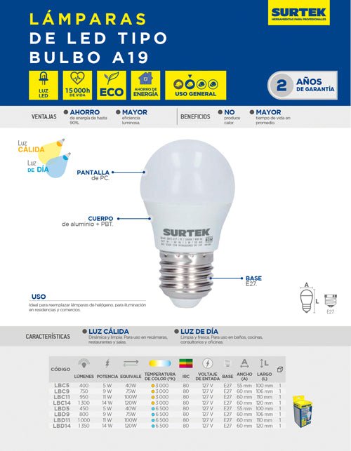 Lámpara de LED tipo bulbo A19, luz cálida Surtek - FERRETERÍA WITZI