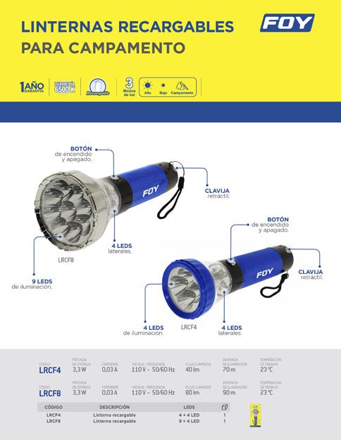 Linterna de LED para campamento, recargable 40 lm Foy - FERRETERÍA WITZI