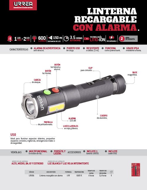 Linterna de LED recargable con alarma de 600 lm Urrea - FERRETERÍA WITZI