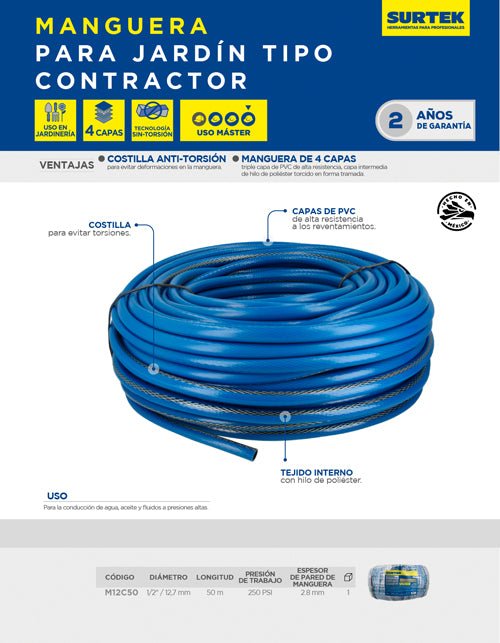 Manguera para jardín contractor con conector metálico 1/2", 50 m Surtek - FERRETERÍA WITZI