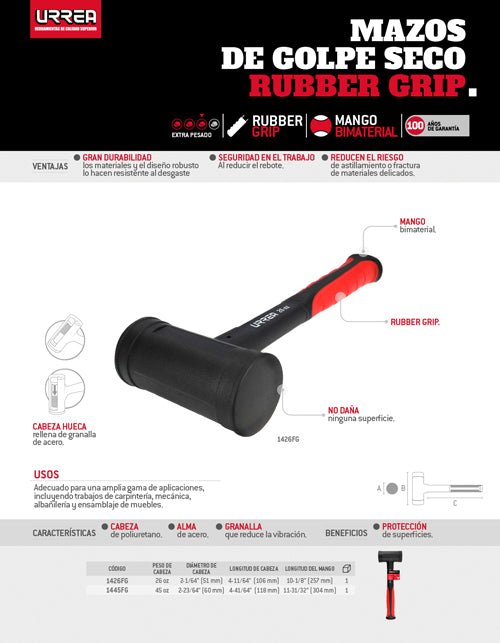 Mazo de golpe seco tapas fijas con mango Rubber grip de 10 - 1/8", 26 oz Urrea - FERRETERÍA WITZI