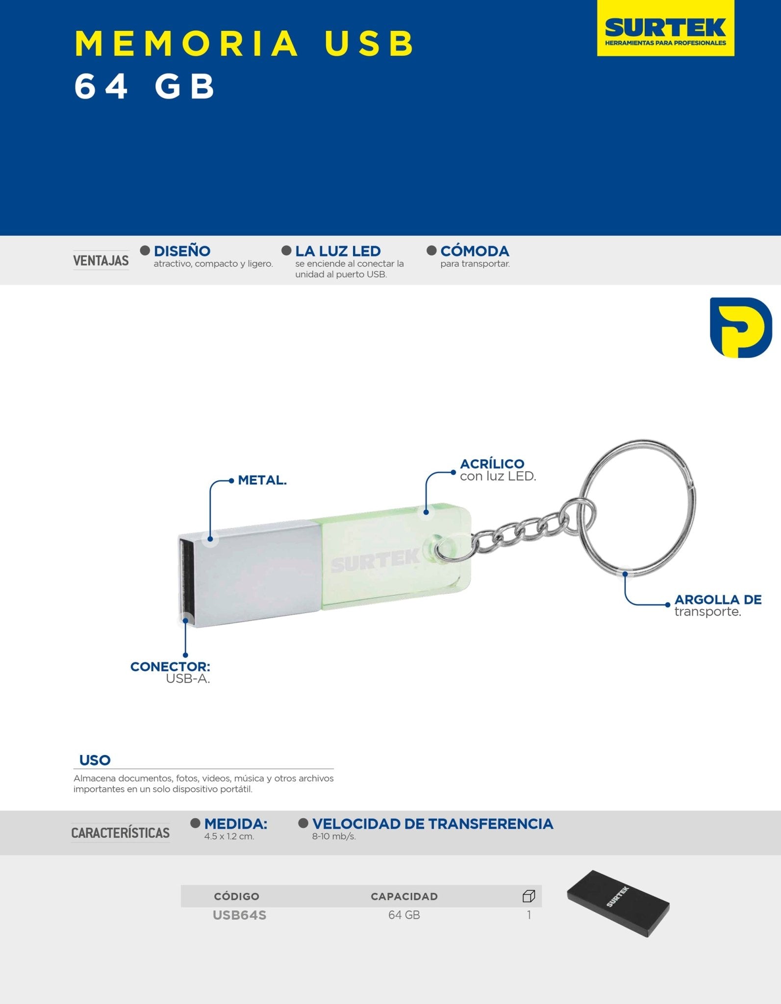 Memoria USB de acrílico, 64 GB Surtek - FERRETERÍA WITZI