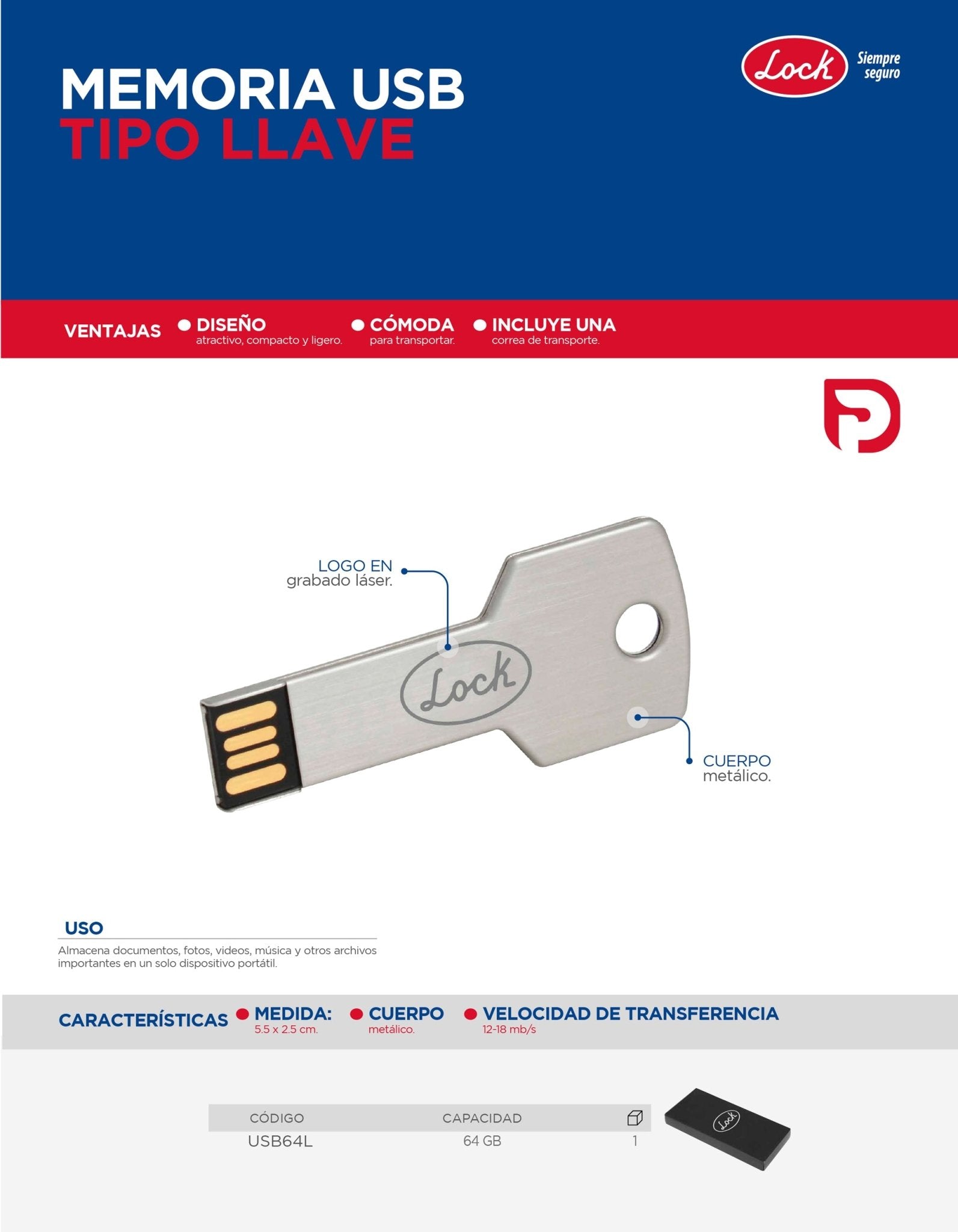 Memoria USB tipo llave, 64 GB Lock - FERRETERÍA WITZI