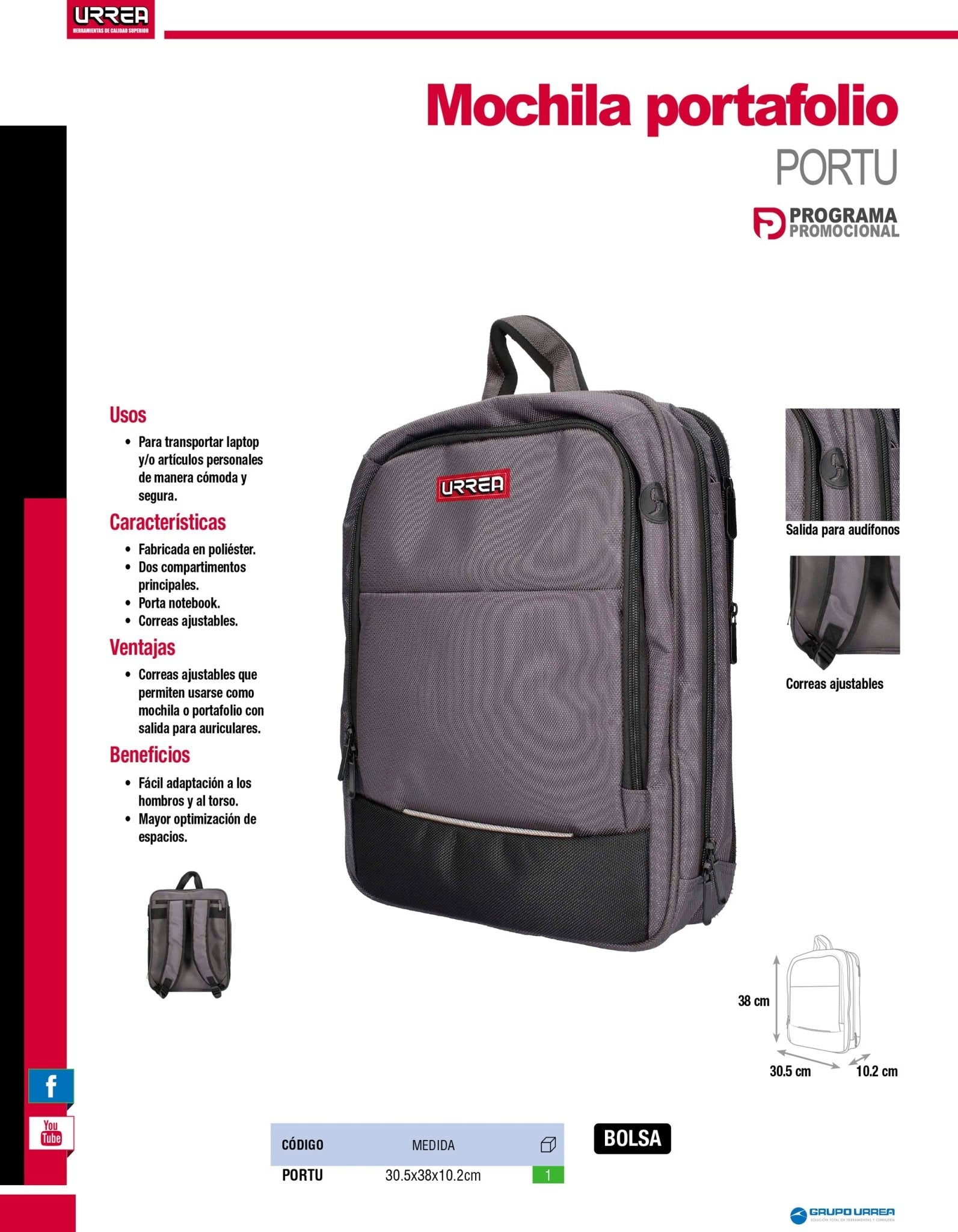 Mochila portafolio con compartimiento acolchonado para laptop y salida para audífonos Urrea - FERRETERÍA WITZI