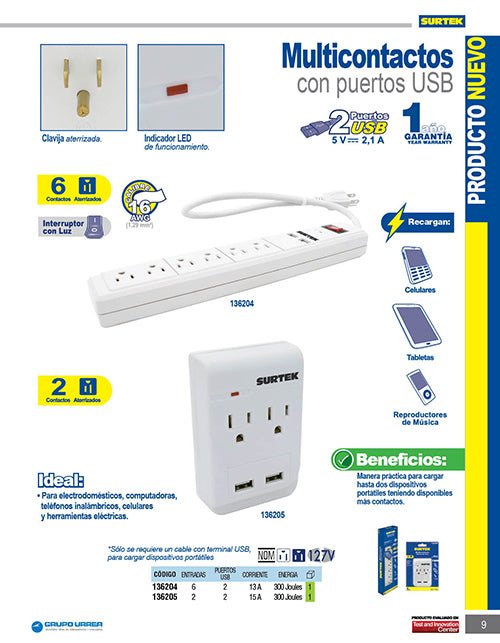 Multicontacto de barra 2 entradas 2 USB Surtek - FERRETERÍA WITZI