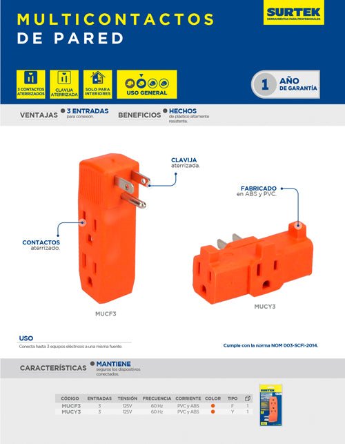 Multicontacto de pared tipo "F", 3 entradas, 15 A Surtek - FERRETERÍA WITZI