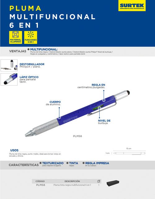 Pluma de tinta negra multifuncion 6 en 1 Surtek - FERRETERÍA WITZI