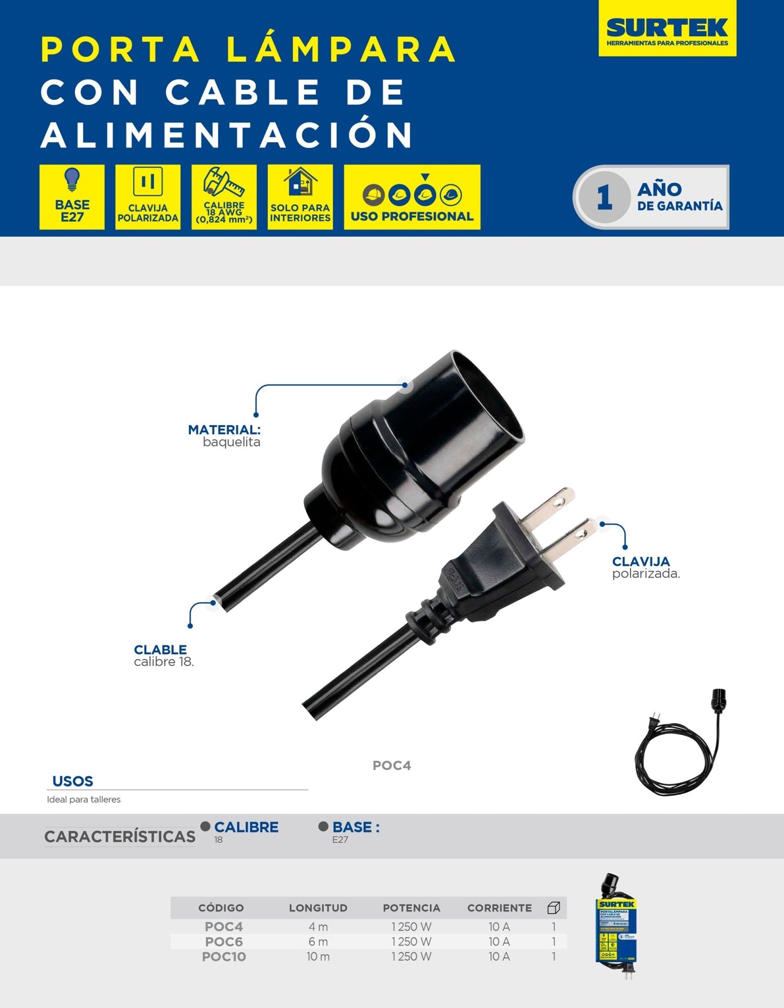 Portalámpara con cable de alimentación 2 x 18 6 m Surtek - FERRETERÍA WITZI