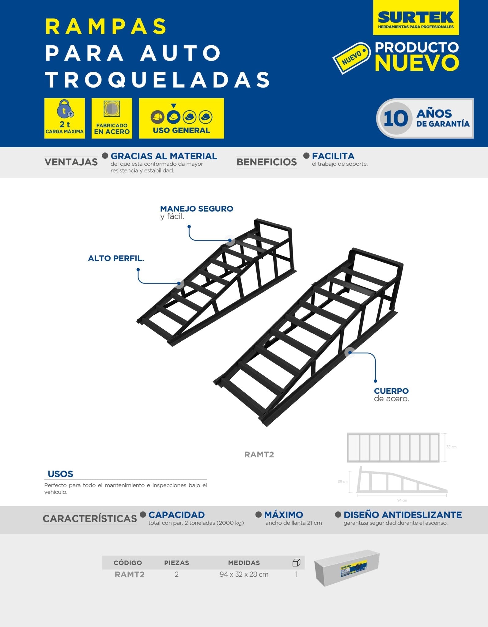 Rampas hidráulicas para automóvil troquel, soporta 2 toneladas, 2 piezas Surtek - FERRETERÍA WITZI