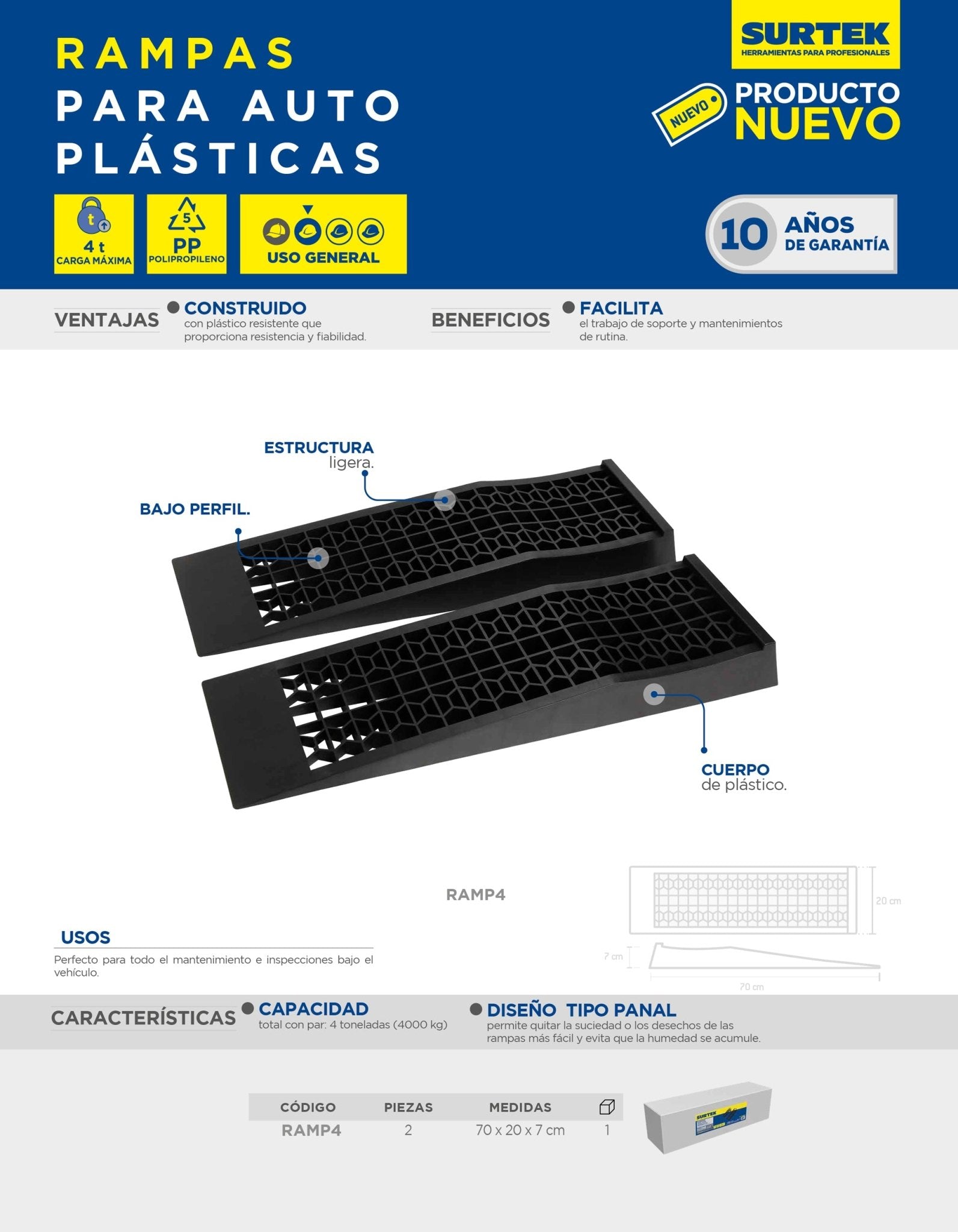 Rampas para automóvil plásticas, soporta 4 toneladas, 2 piezas Surtek - FERRETERÍA WITZI