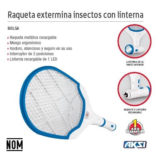 Raqueta mata mosquito + linterna recargable: Led 0.5W (600 mAh) Aksi - FERRETERÍA WITZI