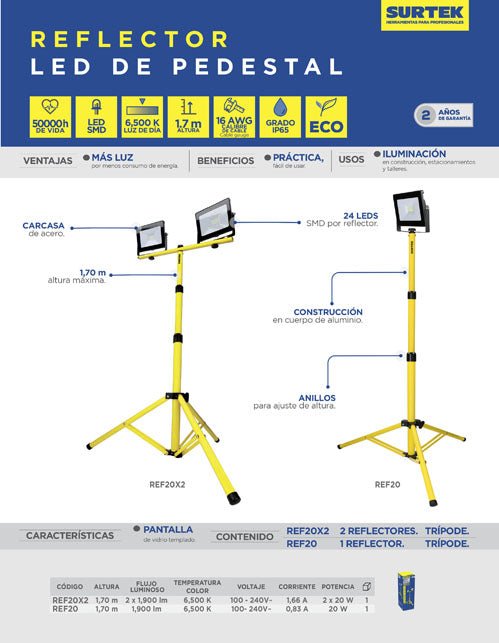 Reflector de LED delgado con doble soporte telescópico 2 x 20 W de 2 x 1,900 lm Surtek - FERRETERÍA WITZI