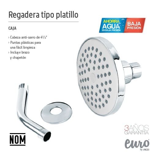 Regadera tipo platillo antisarro de 4 1/2" con brazo y chapeton Aksi - FERRETERÍA WITZI