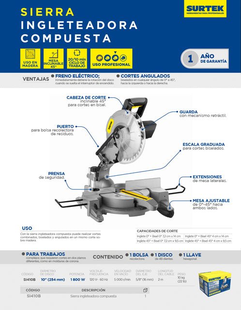 Sierra de inglete compuesta 10" 1800 W Surtek - FERRETERÍA WITZI