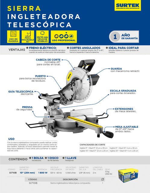 Sierra de inglete telescópica 10" 1800 W Surtek - FERRETERÍA WITZI