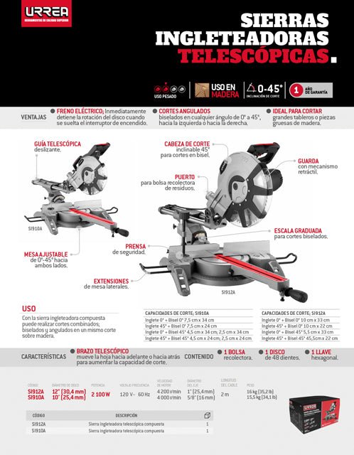 Sierra de inglete telescópica 12" 2100 W Urrea - FERRETERÍA WITZI
