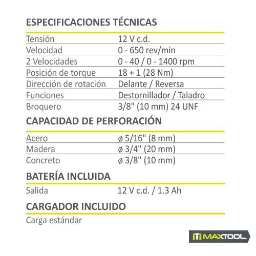 Taladro inalámbrico compacto de 3/8" / 12V - 1.3 Ah MX Maxtool - FERRETERÍA WITZI